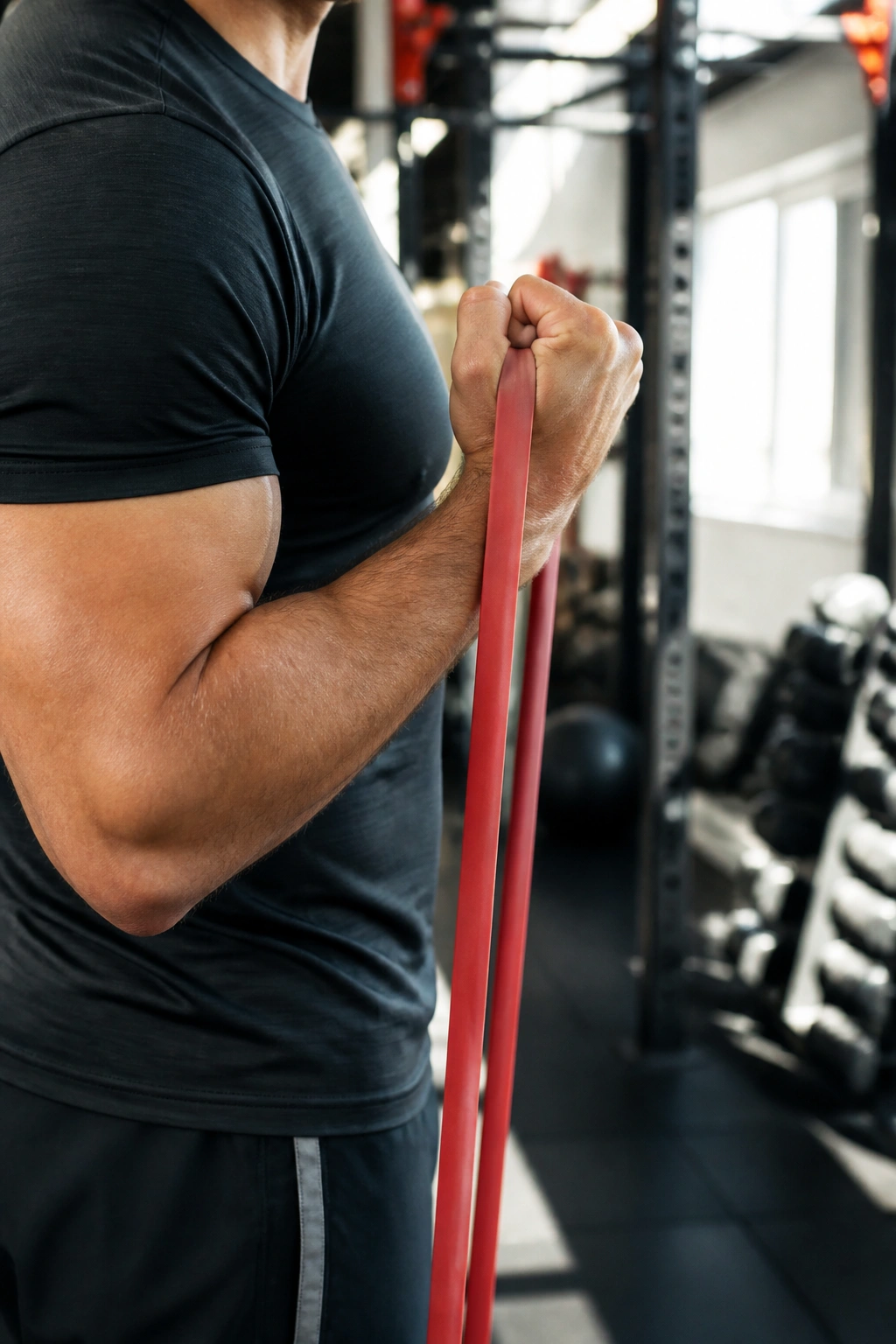 Close-up of forearm and bicep curling a resistance band in a gym