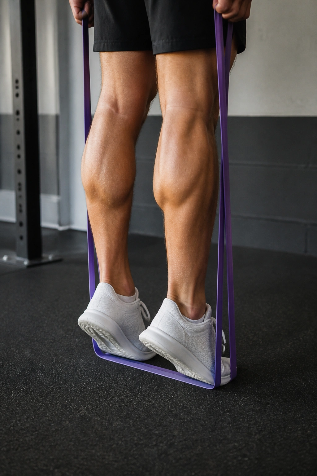 Close-up of feet and calves performing a banded calf raise with a resistance band