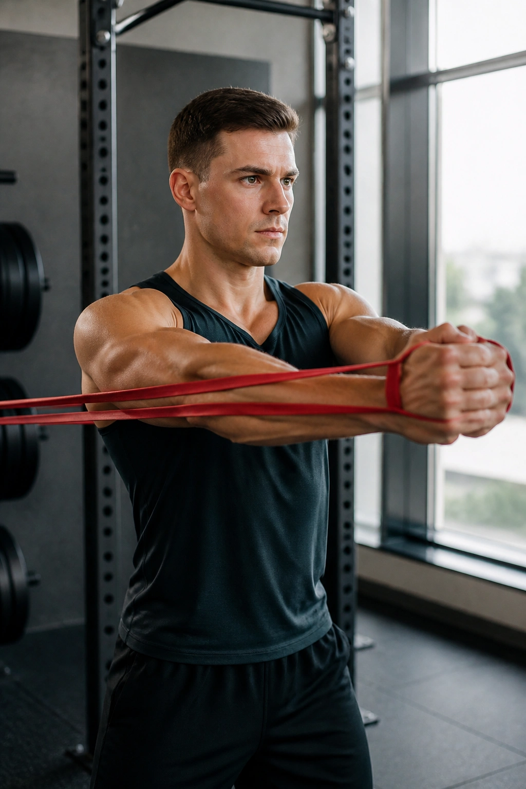 Real person performing banded chest press to train chest and triceps in gym