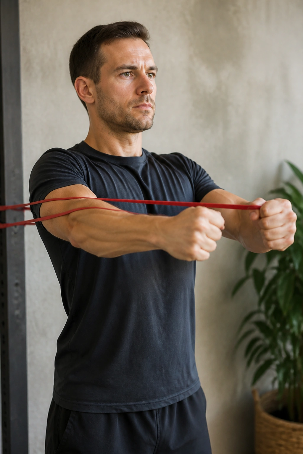 Close-up of a person performing a banded chest press in a simple indoor setting