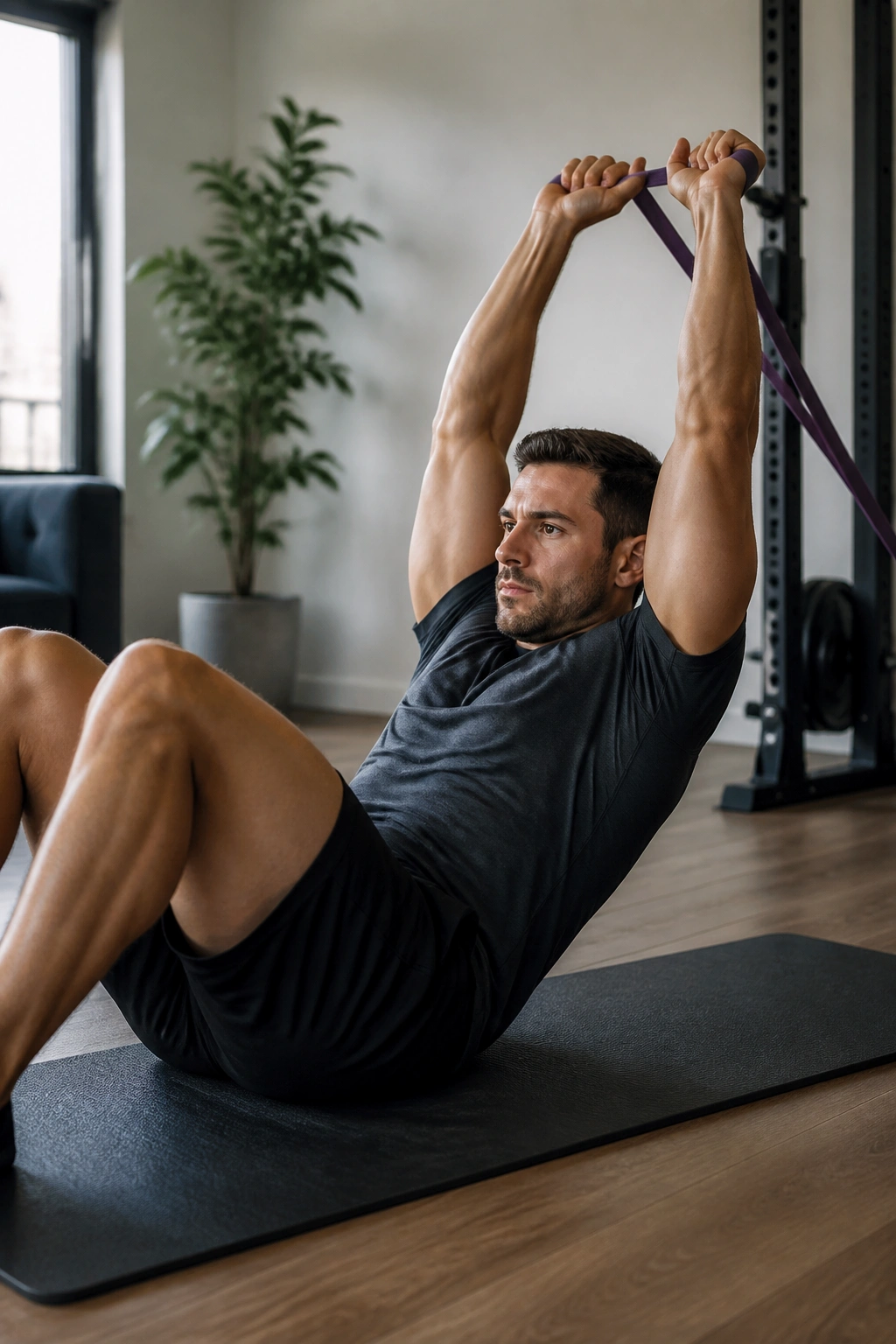Crunch with overhead band resistance