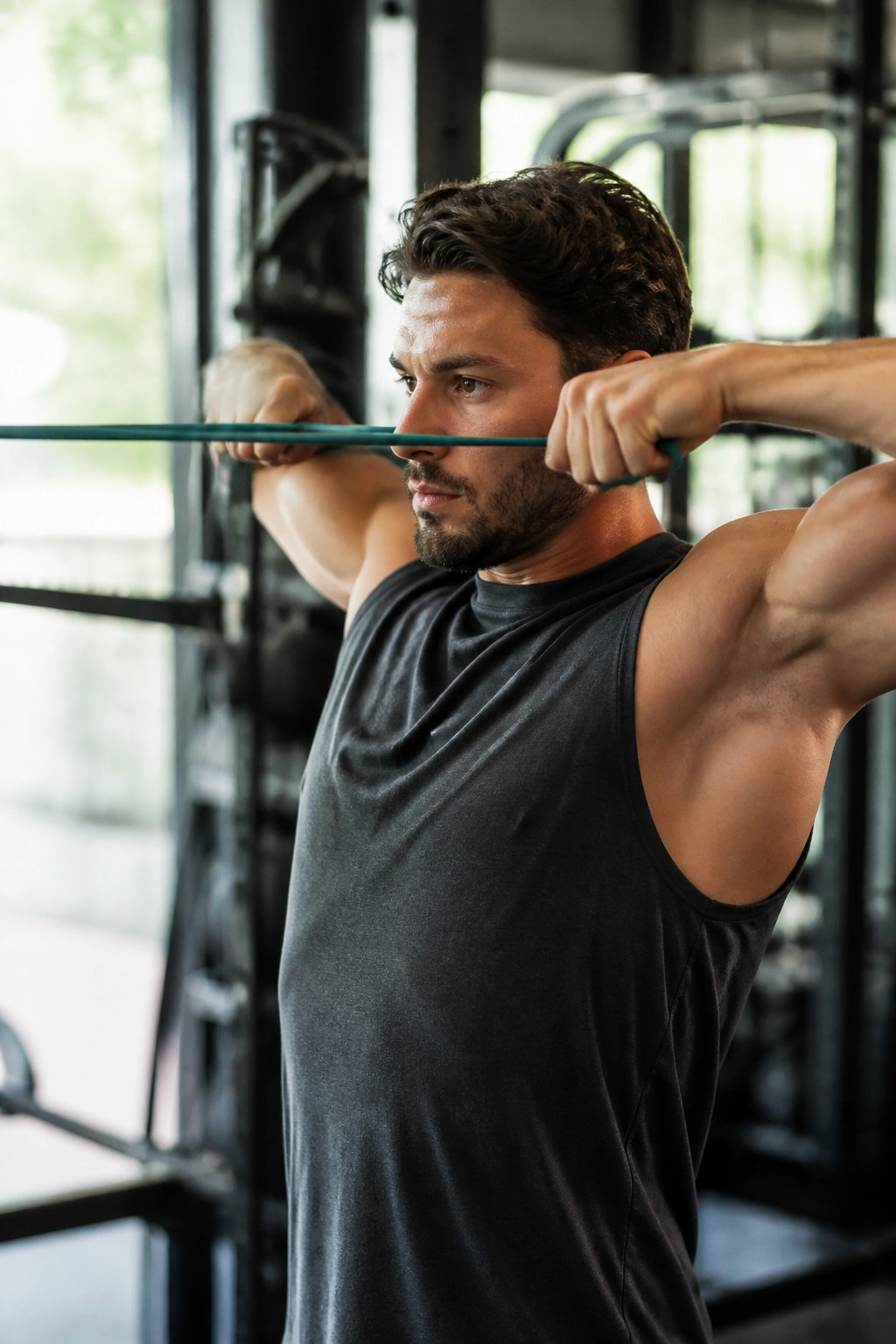 Close-up of a real person performing a banded face pull in a gym, emphasizing rear delts