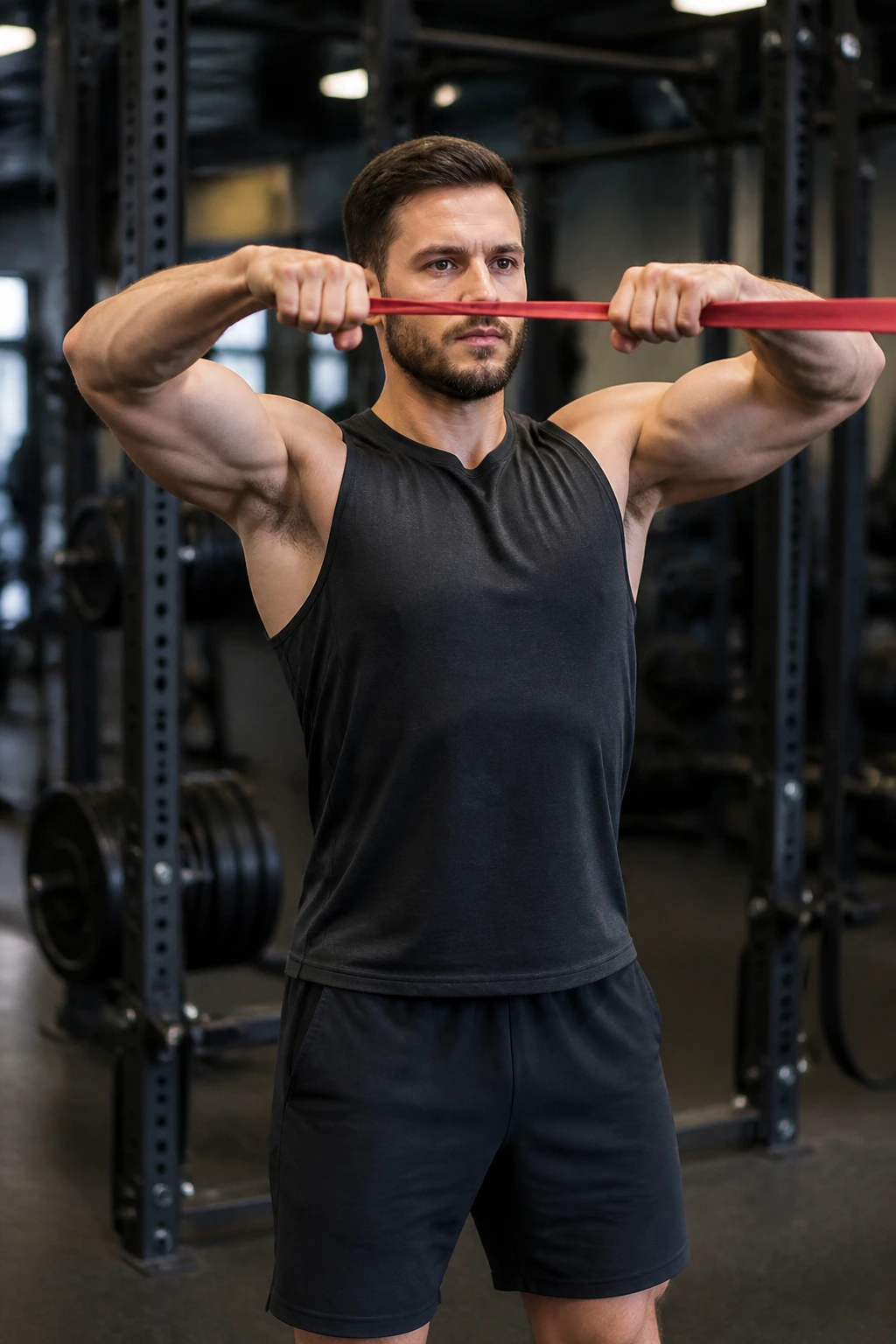 Person performing banded face pulls in a gym, elbows high and shoulders retracted