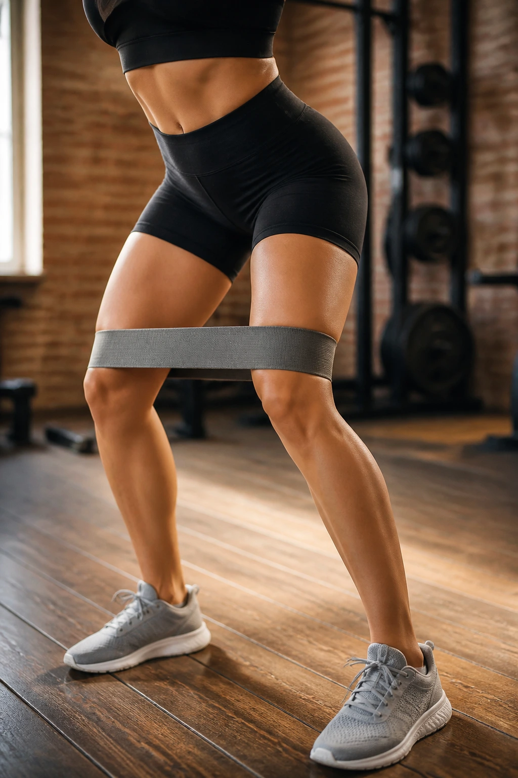 Close-up of person performing banded glute activation warm-up with resistance band above knees