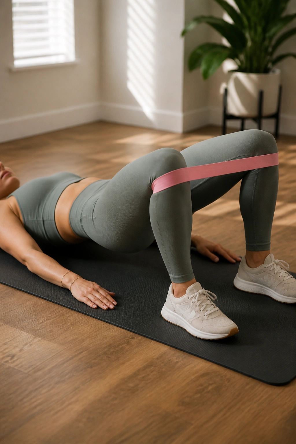 Close-up of banded glute bridge pulses with knee band and top glute squeeze