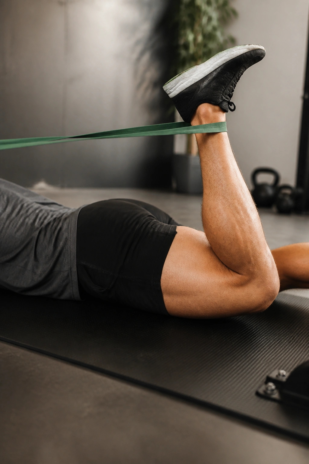Close-up of a person performing a banded hamstring curl with a resistance band on a gym mat