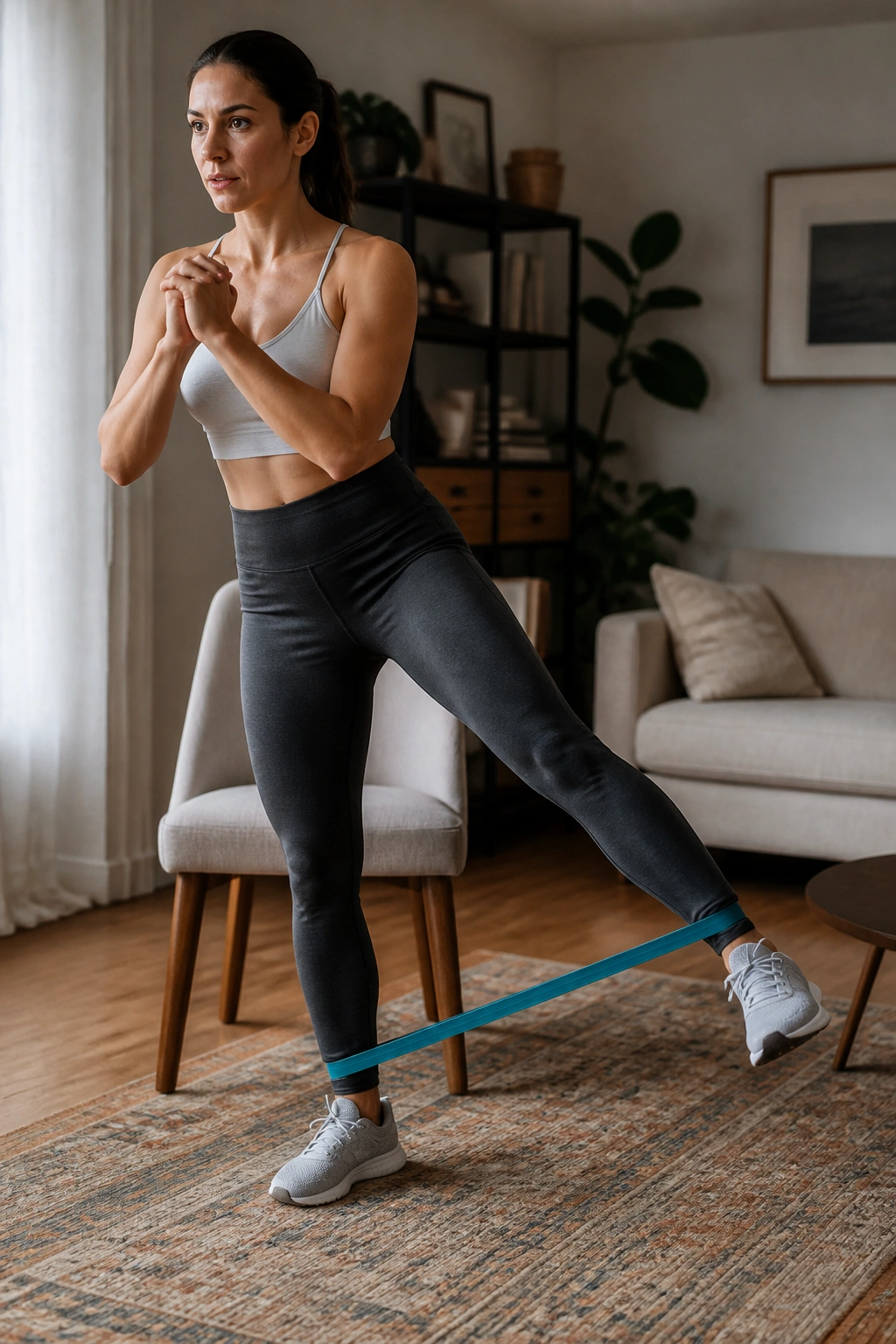 Real person performing chair squat with banded hip abduction.