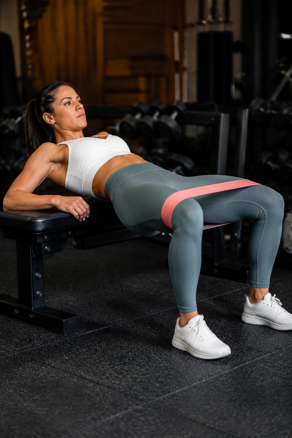 Person doing banded hip thrust on a bench with a knee band