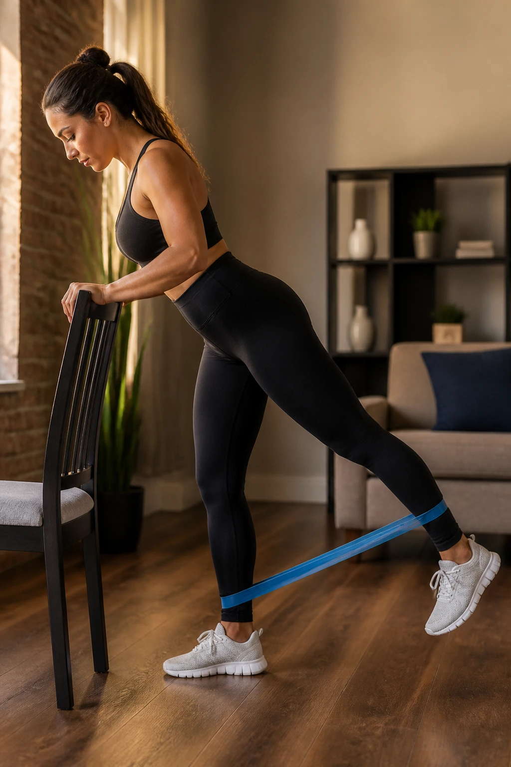 Side view of a person performing banded kickbacks with leg extended back