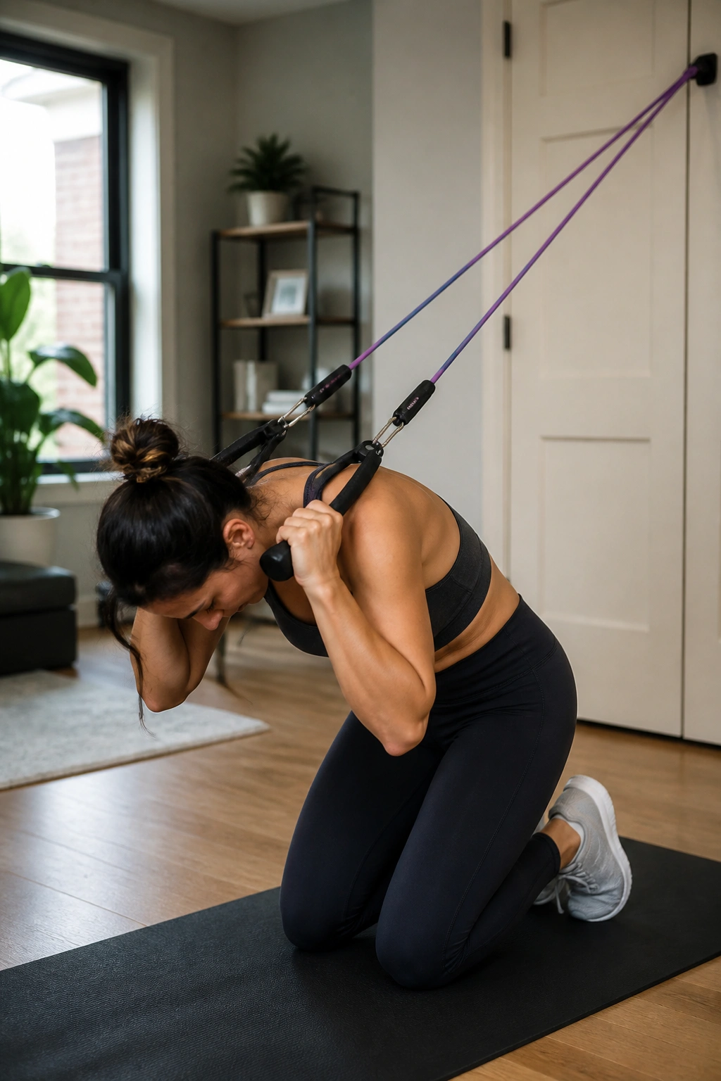 Kneeling abdominal crunch with high-band anchor