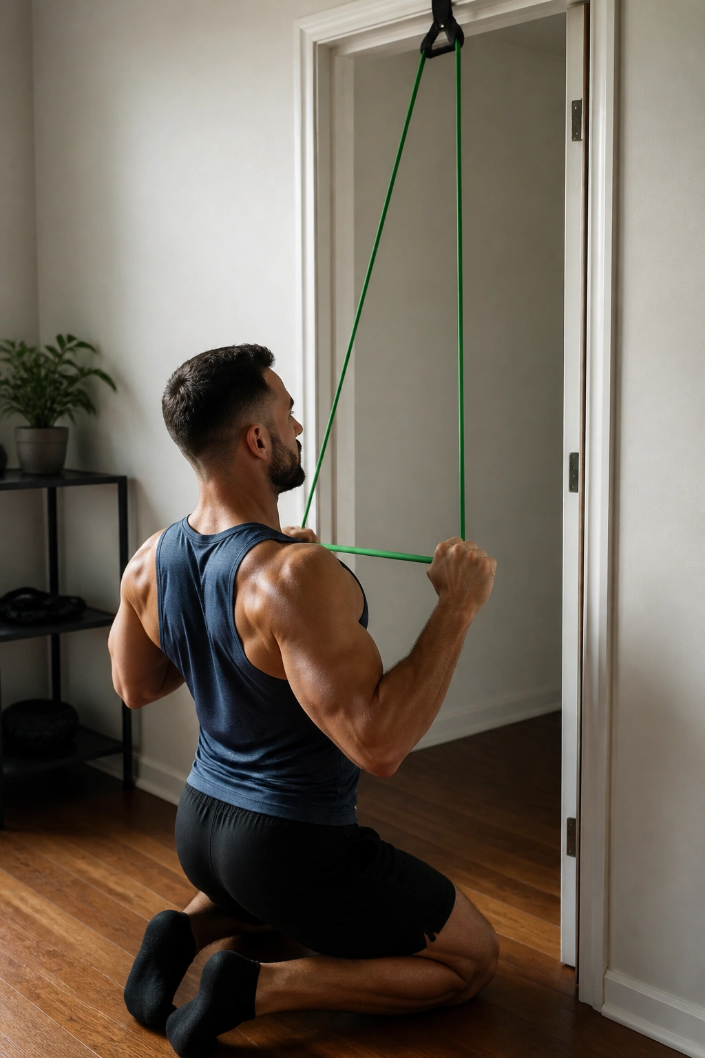Medium-close shot of a person performing a banded lat pulldown under a doorway anchor