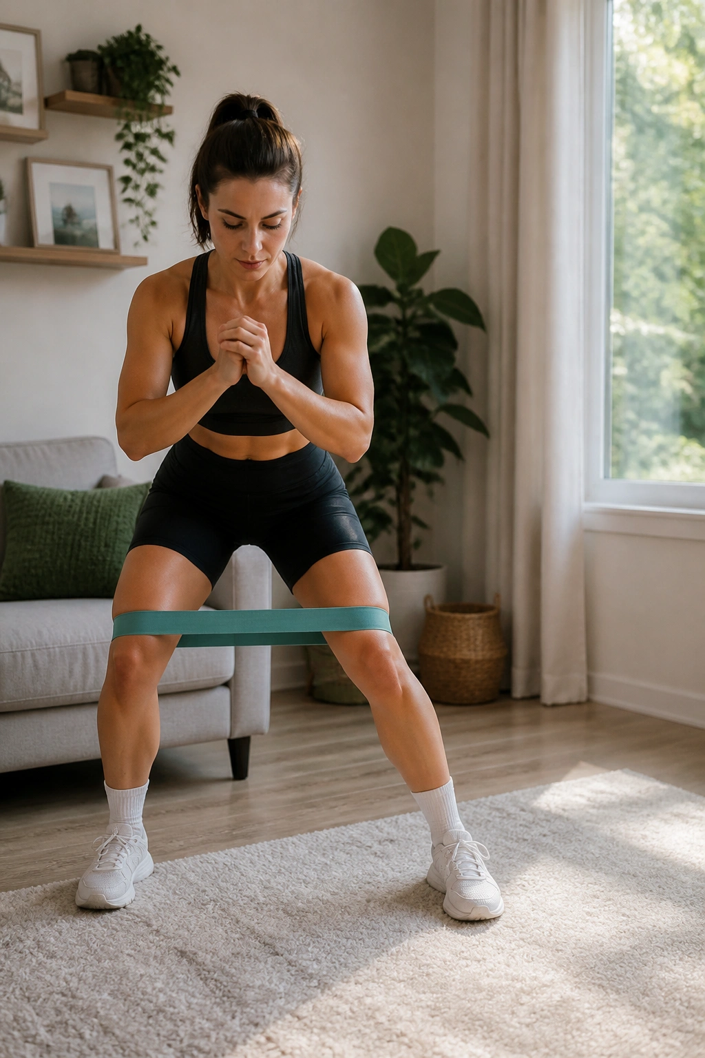 Person performing lateral walks with a mini-band around the knees in a home setting.