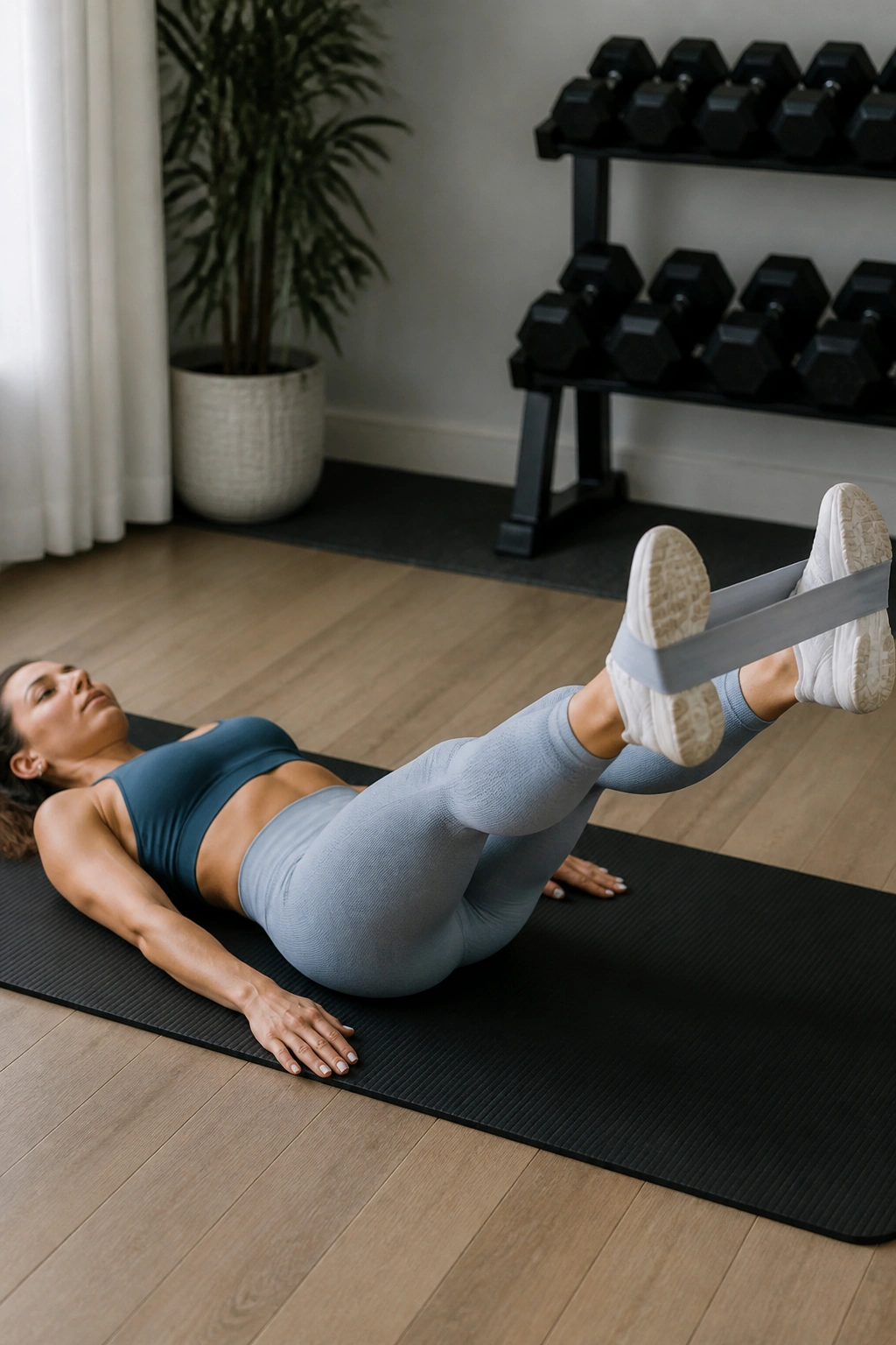 Close-up of a person lying on back performing lying leg circles with a resistance band