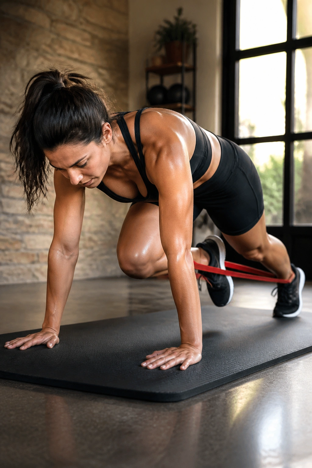 Medium close-up of person performing banded mountain climbers with knee drives and band tension
