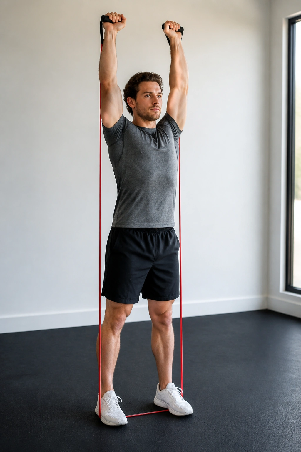Close-up of a person performing a banded overhead press in a home gym