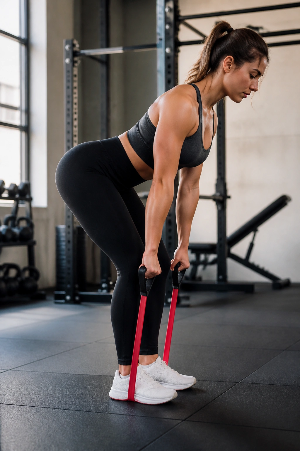 Real person performing banded Romanian deadlift to target hamstrings in gym
