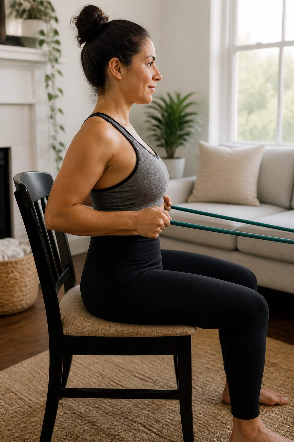 Seated band row focusing on rounded shoulders and back posture