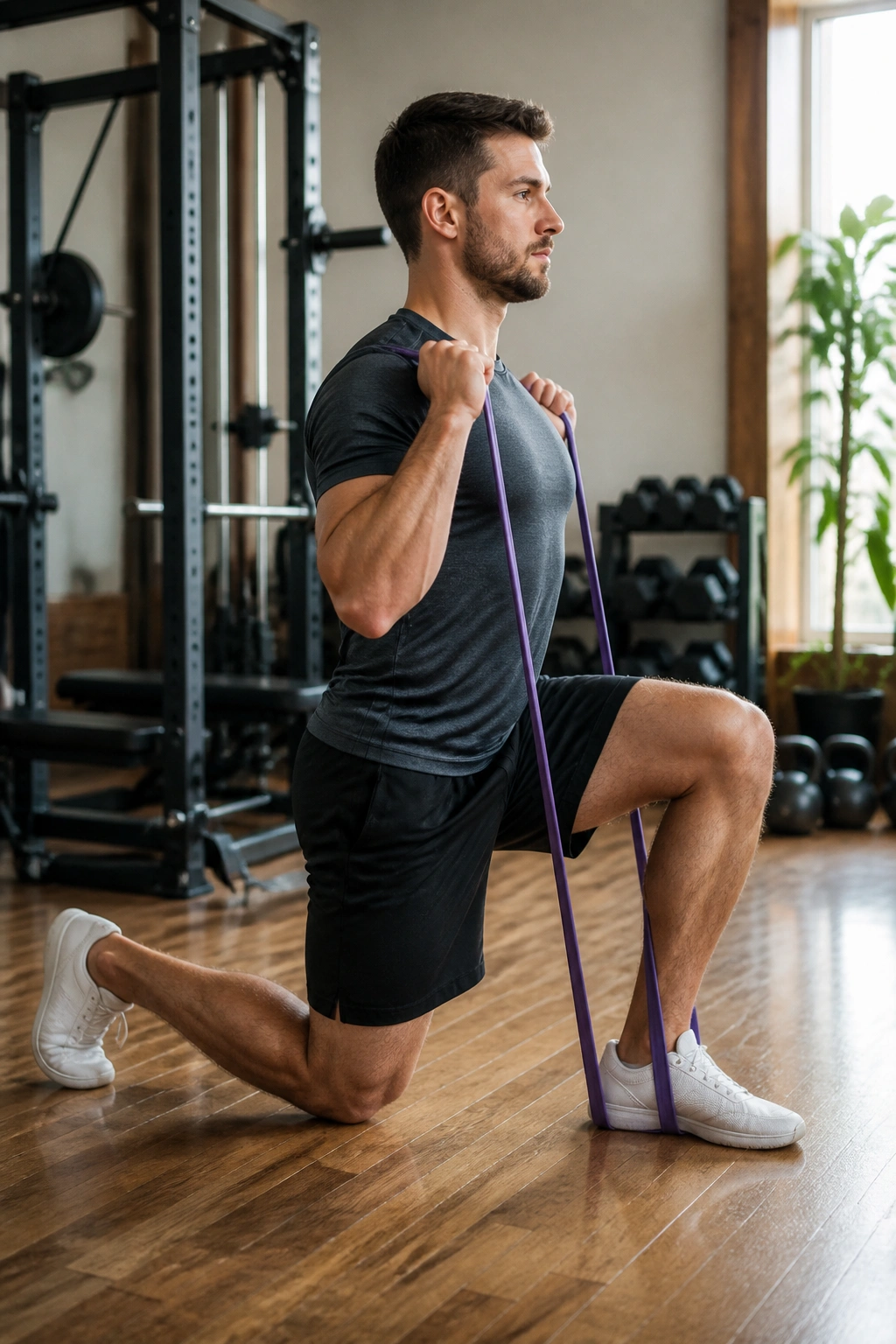 Side view of a person performing a banded split squat in a gym