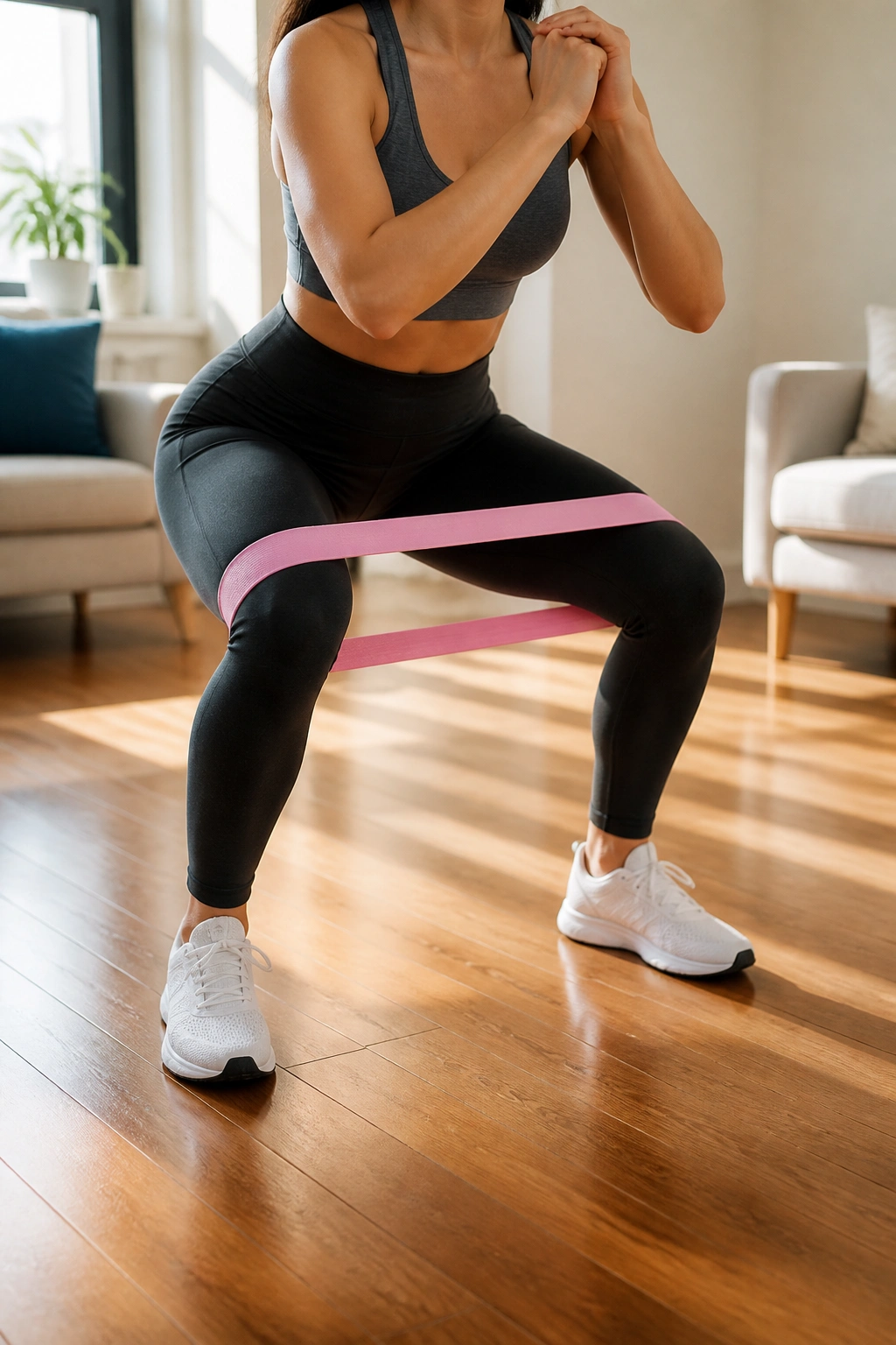 Lower body in squat with outward knee pressure against a band in a home setting.