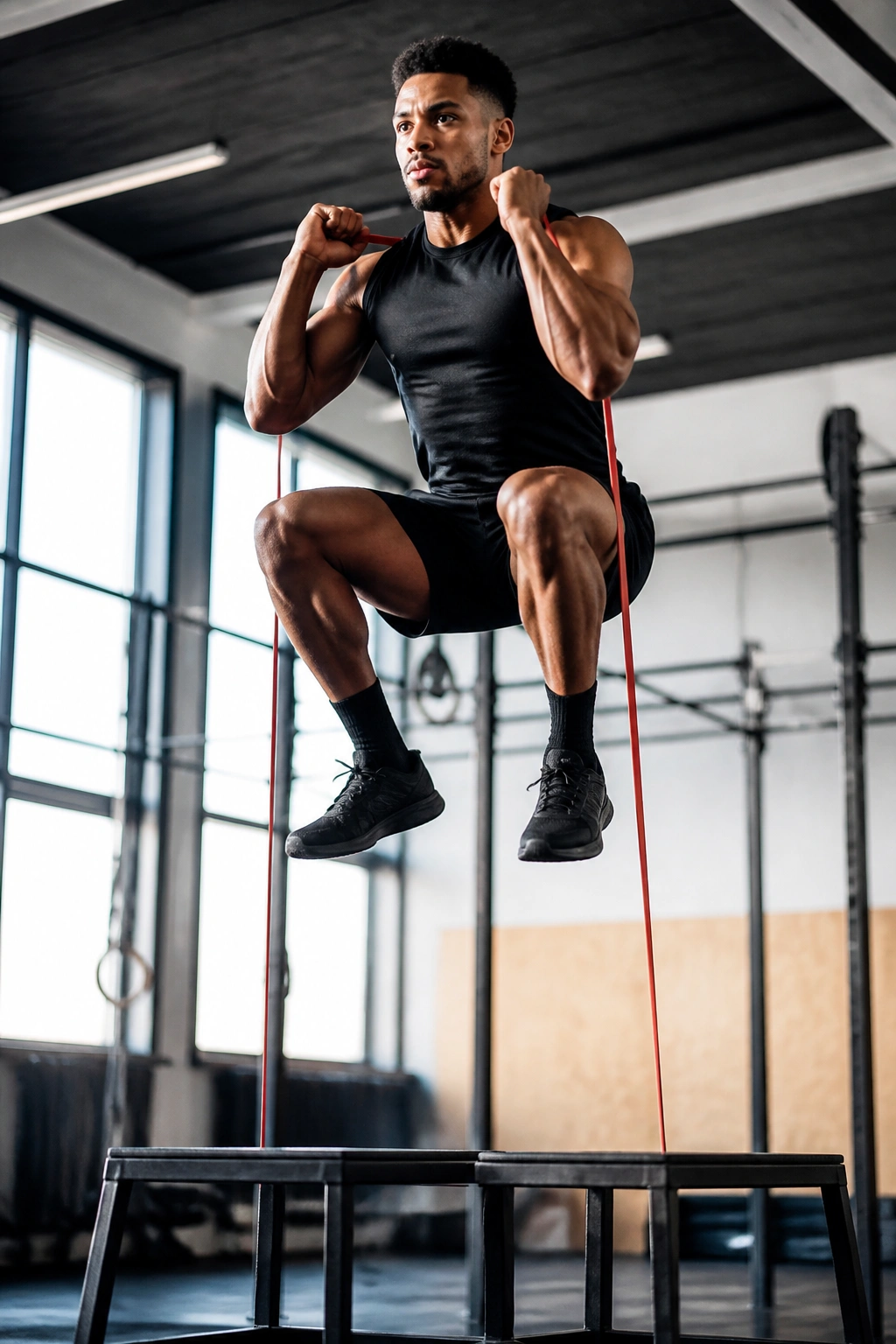Athlete in mid-air performing banded squat jump in gym