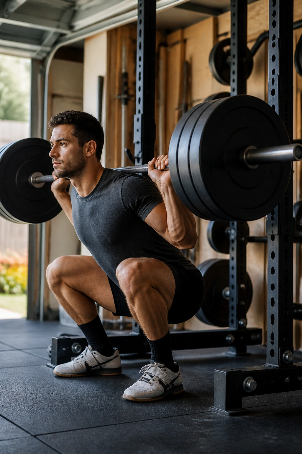 Mid-shot of a person performing barbell back squat in gym