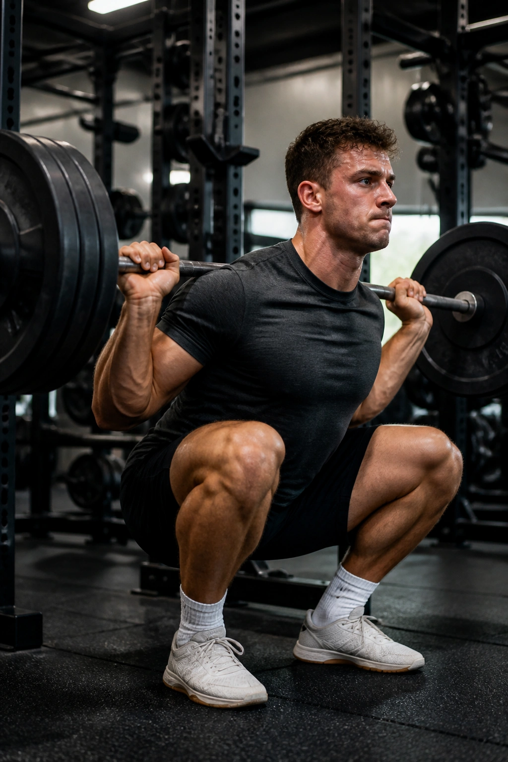 Close-up of a lifter performing a barbell back squat with bar on upper traps in a gym