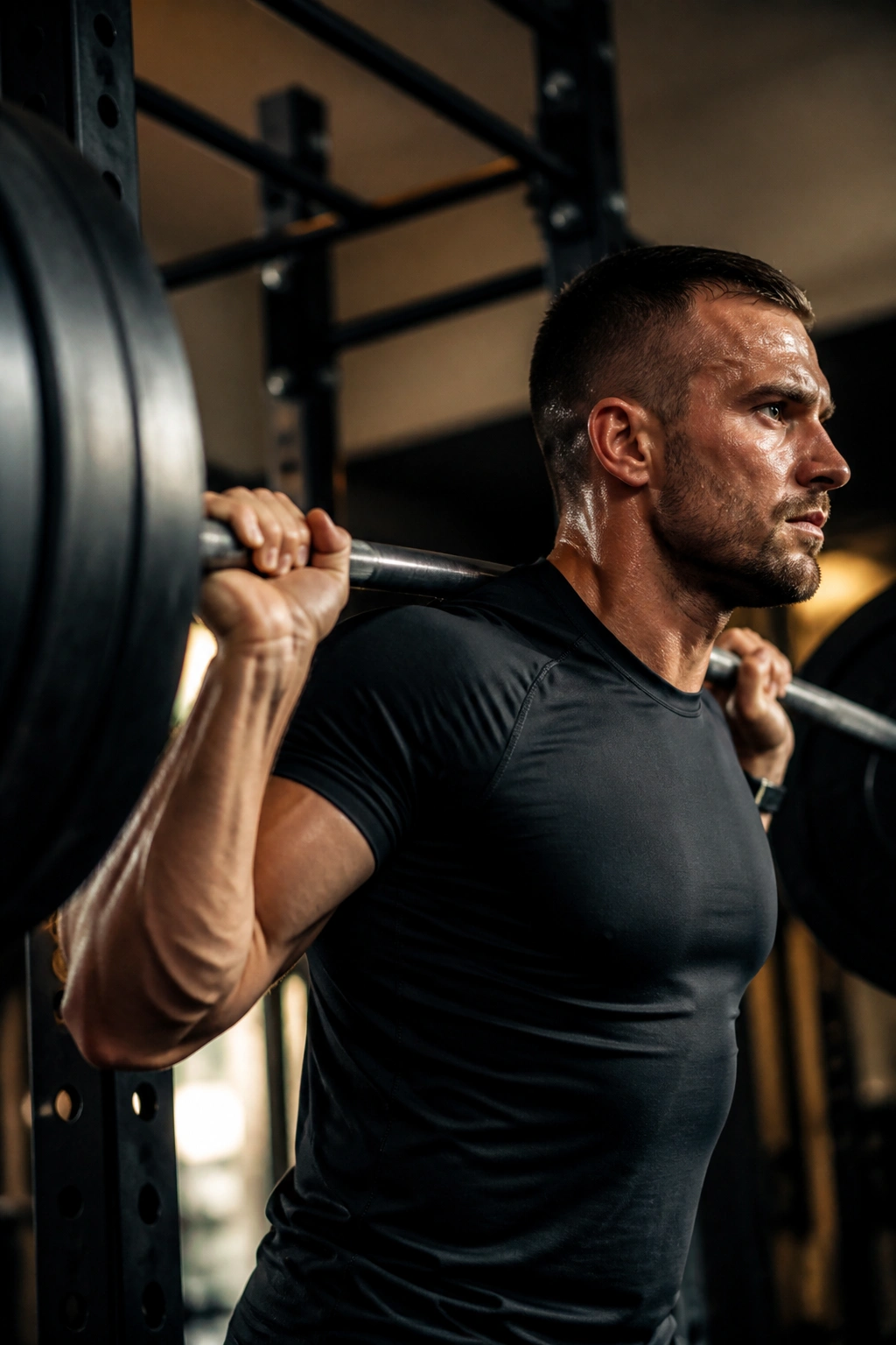 Close-up of lifter gripping heavy barbell on shoulders in power rack during squat setup