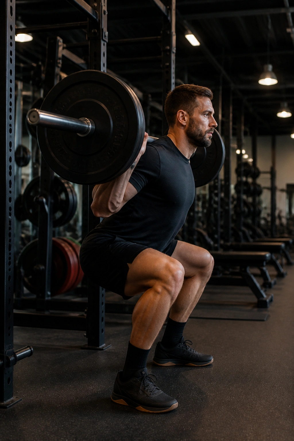 Side view of a person back squatting with a barbell in a squat rack.