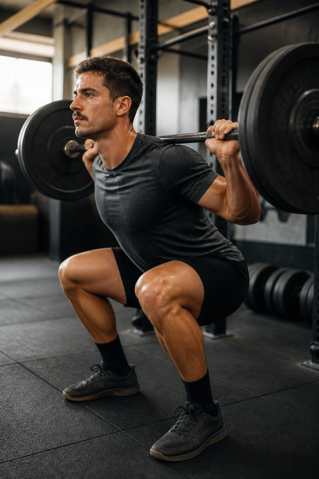 Barbell back squat with bar on shoulders in a gym
