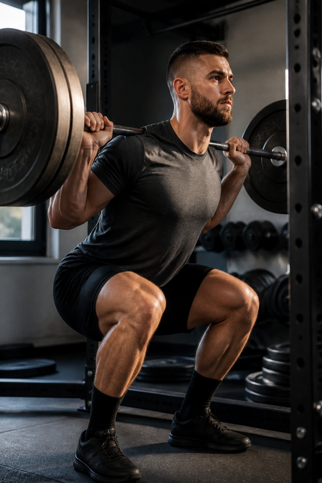 Close-up of lifter in Barbell Back Squat with bar on traps and braced spine in a gym