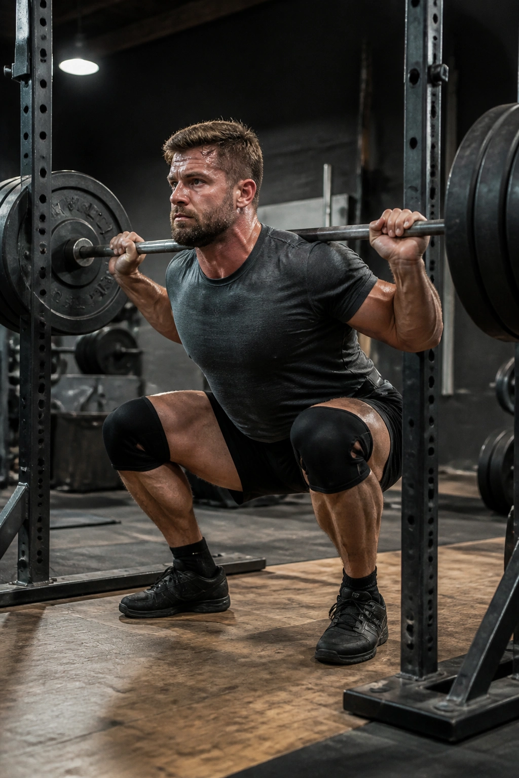 Mid-shot of a lifter doing barbell back squats in a squat rack