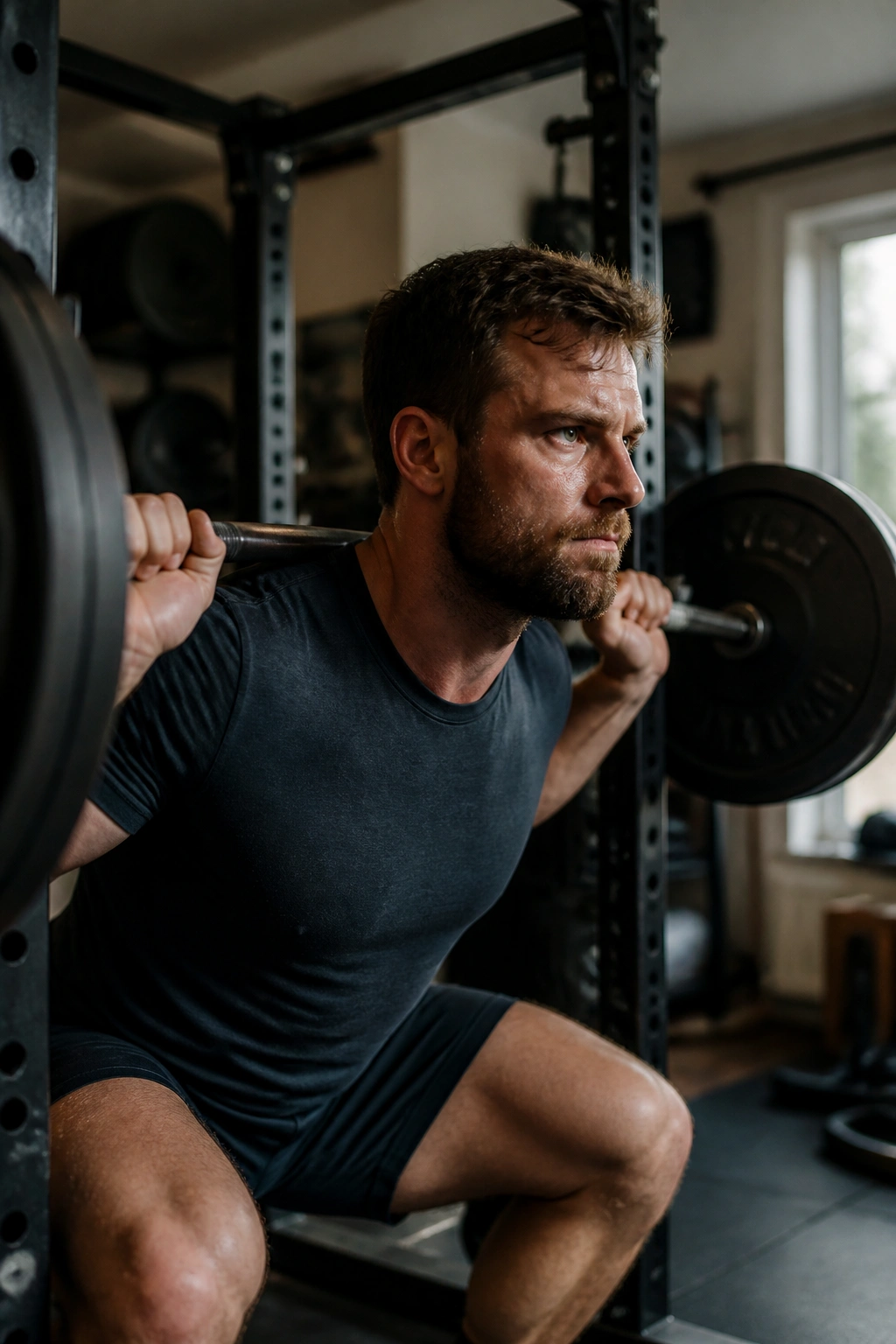 Lifter braced with barbell during a back squat in a home gym