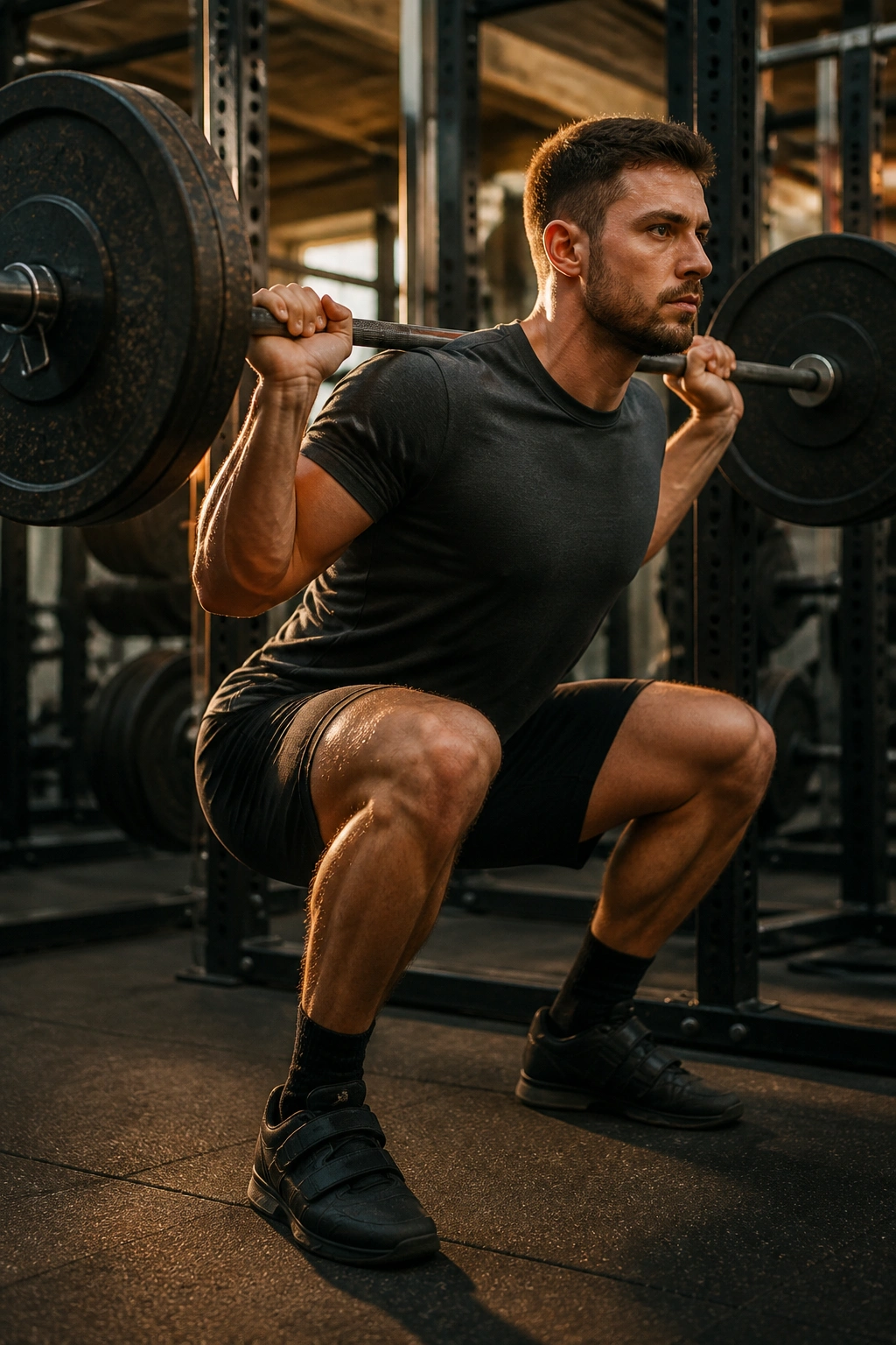 Lifter performing barbell back squat in gym