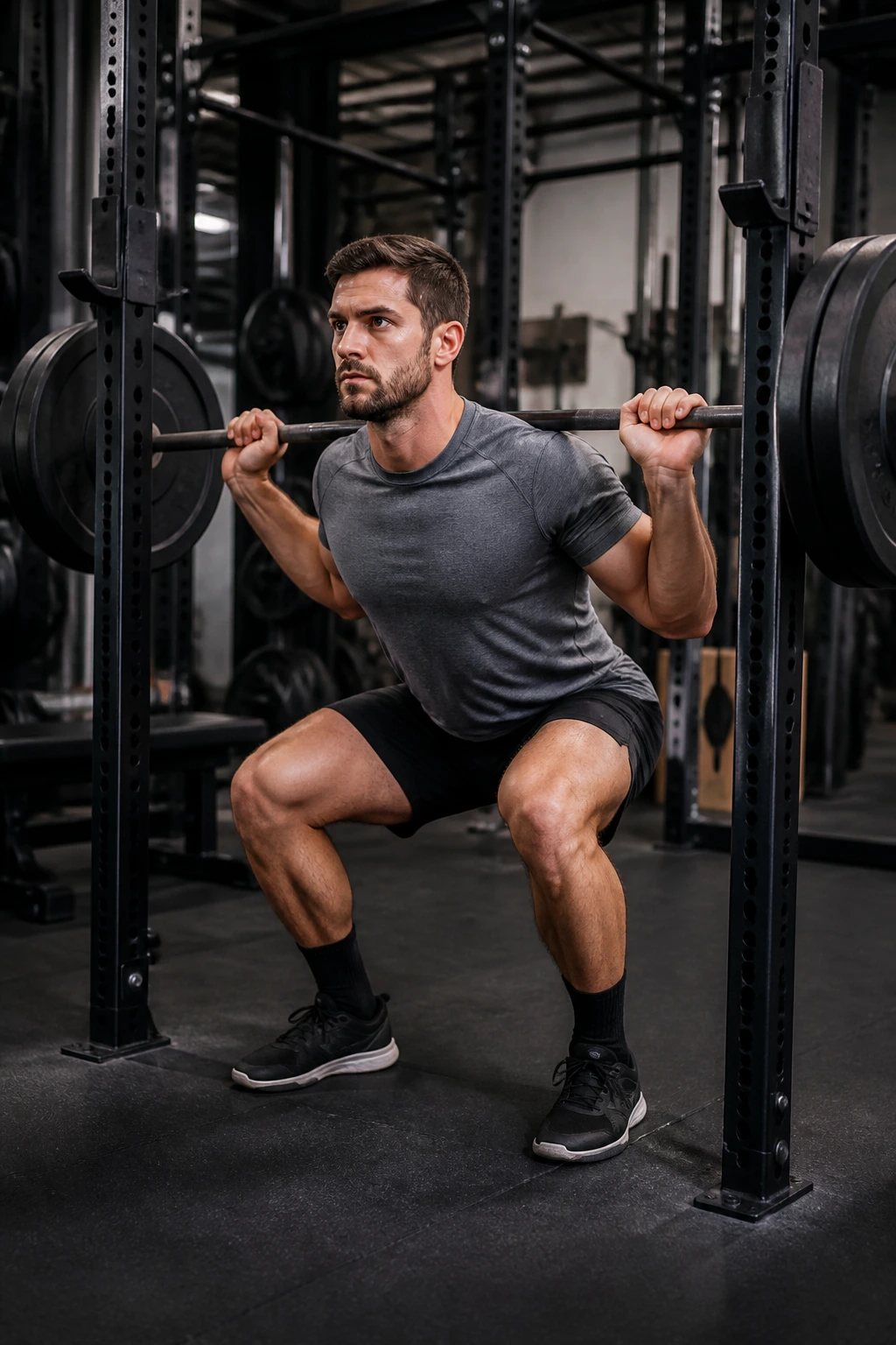 Person performing back squat in power rack during barbell hybrid circuit.