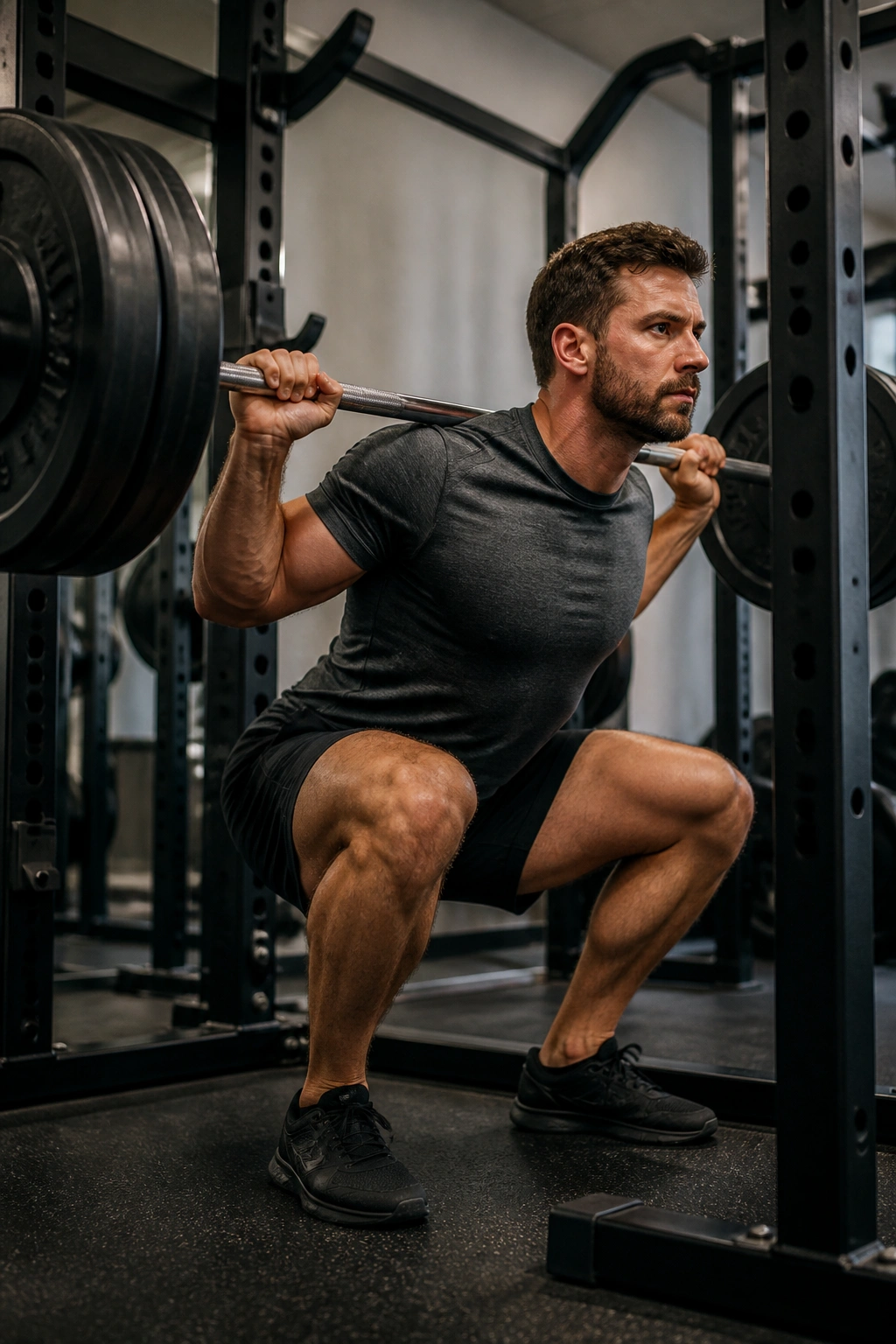 Medium-close portrait of a lifter performing a barbell back squat in a gym.