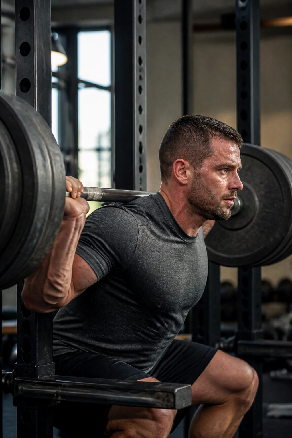Close-up of a lifter performing barbell back squats in a squat rack.
