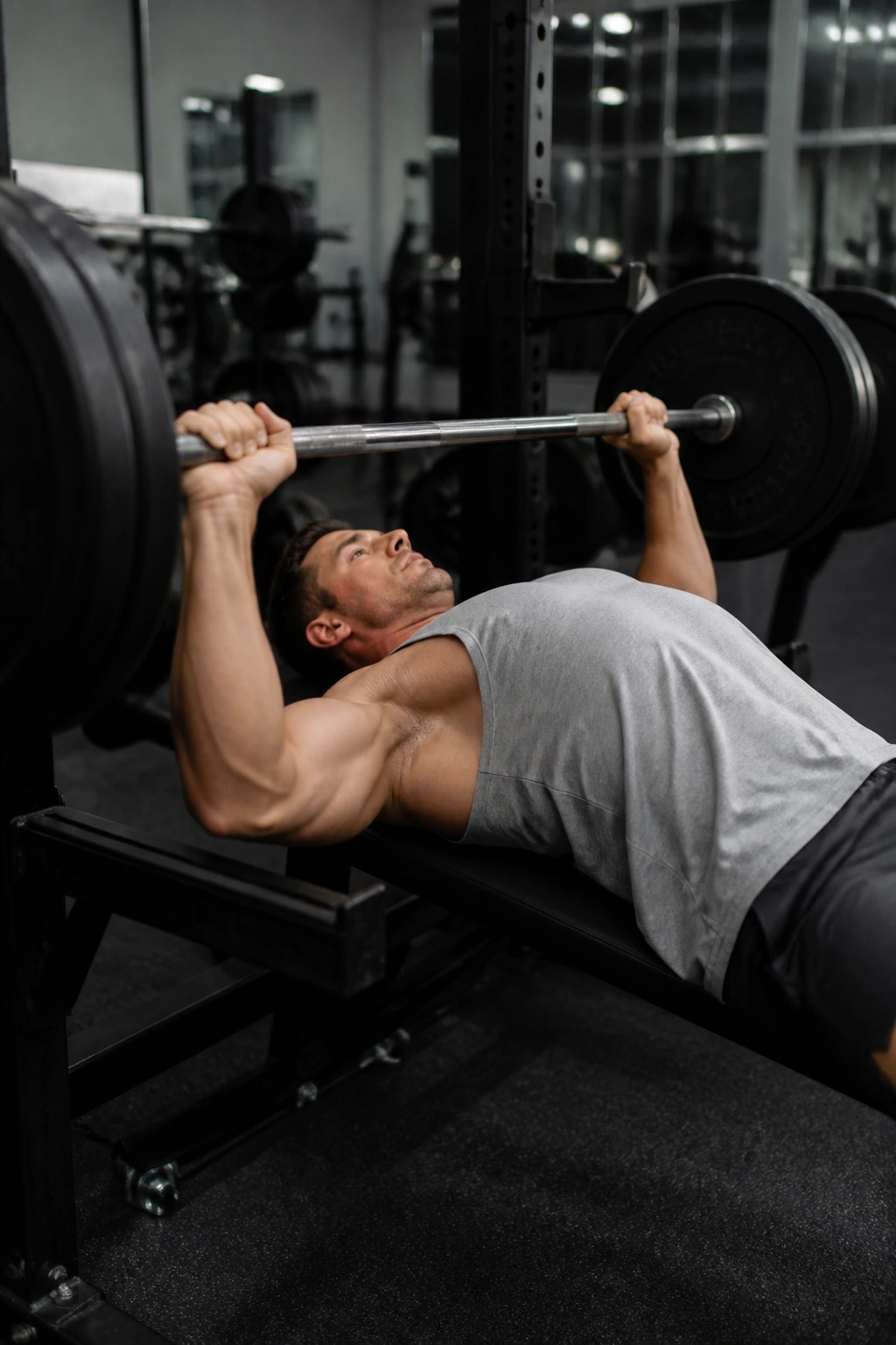 Side-angle close-up of a real person bench pressing with a barbell