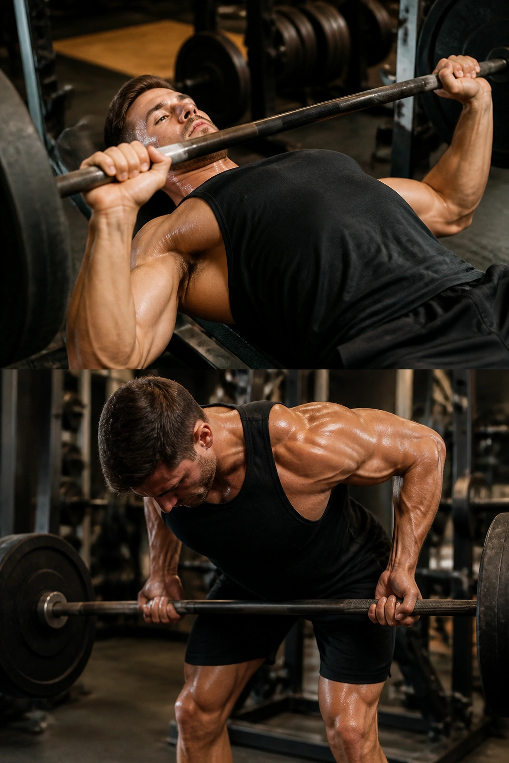Close-up of a person performing a barbell bench press in a gym