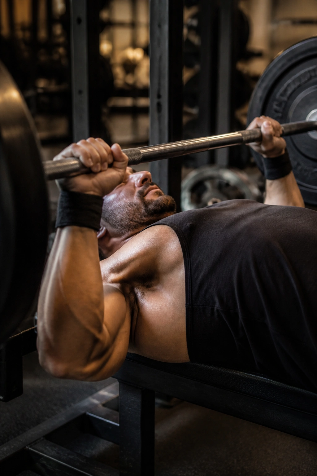 Close-up of lifter performing heavy barbell bench press in gym for upper-body strength