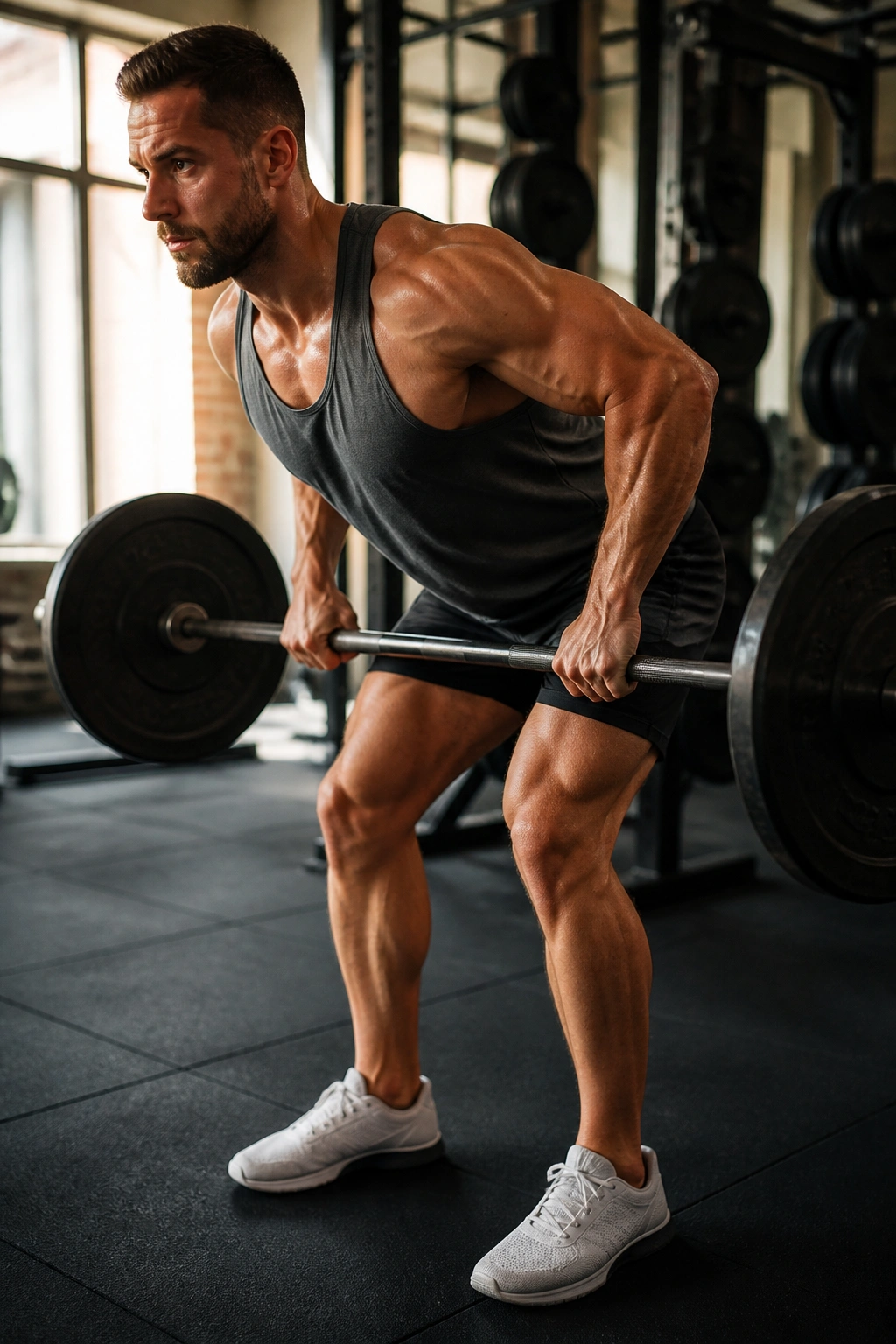 Close-up of lifter performing a barbell bent-over row in gym
