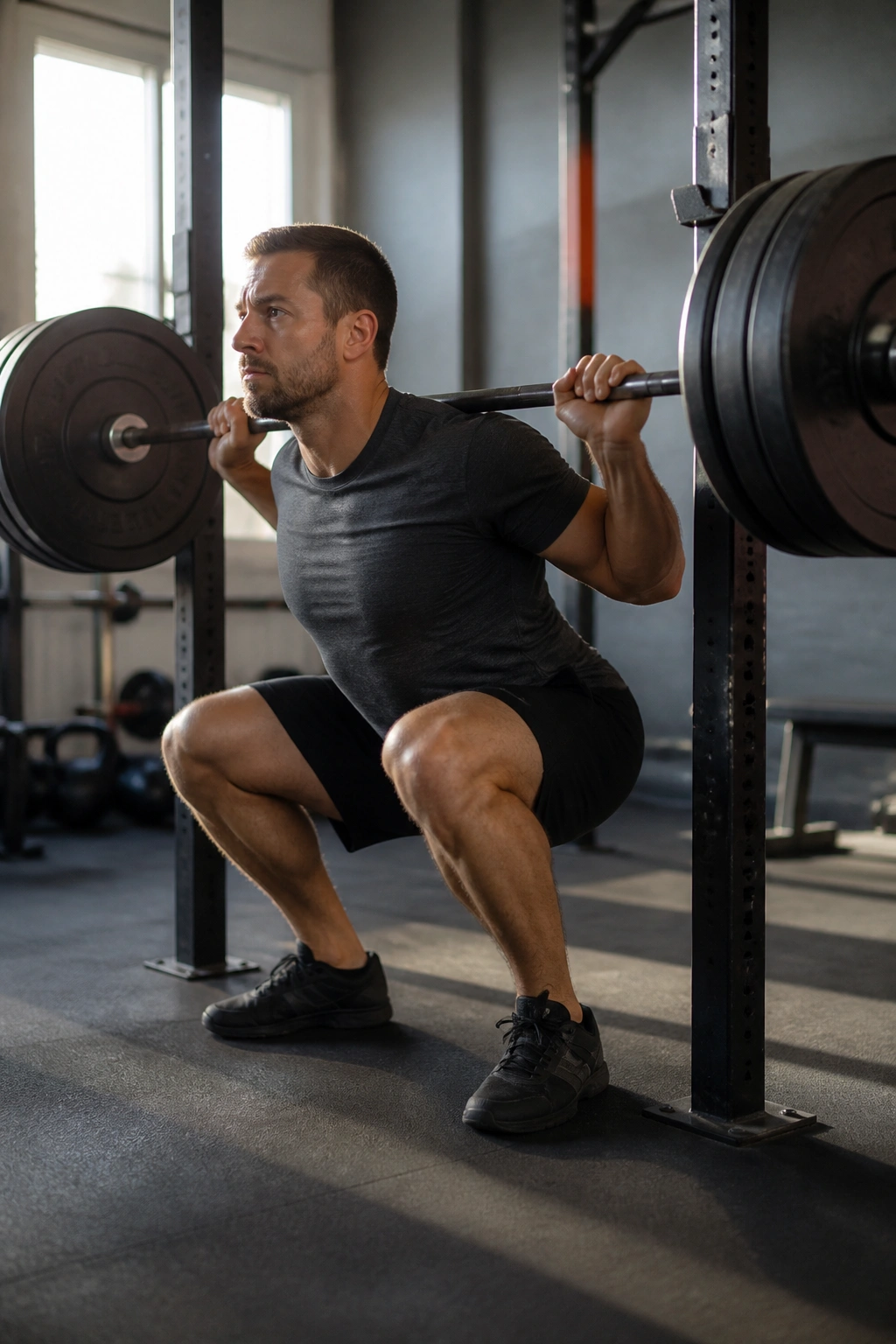 Lifter in a gym performing a barbell back squat