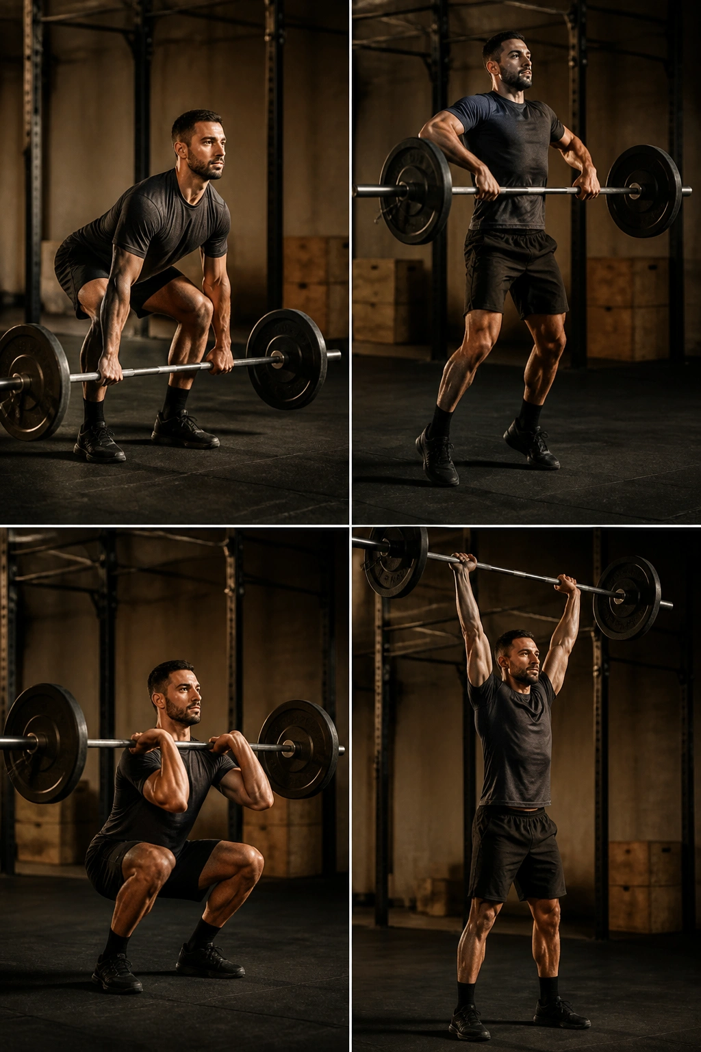 Lifter performing barbell complex with light barbell in gym