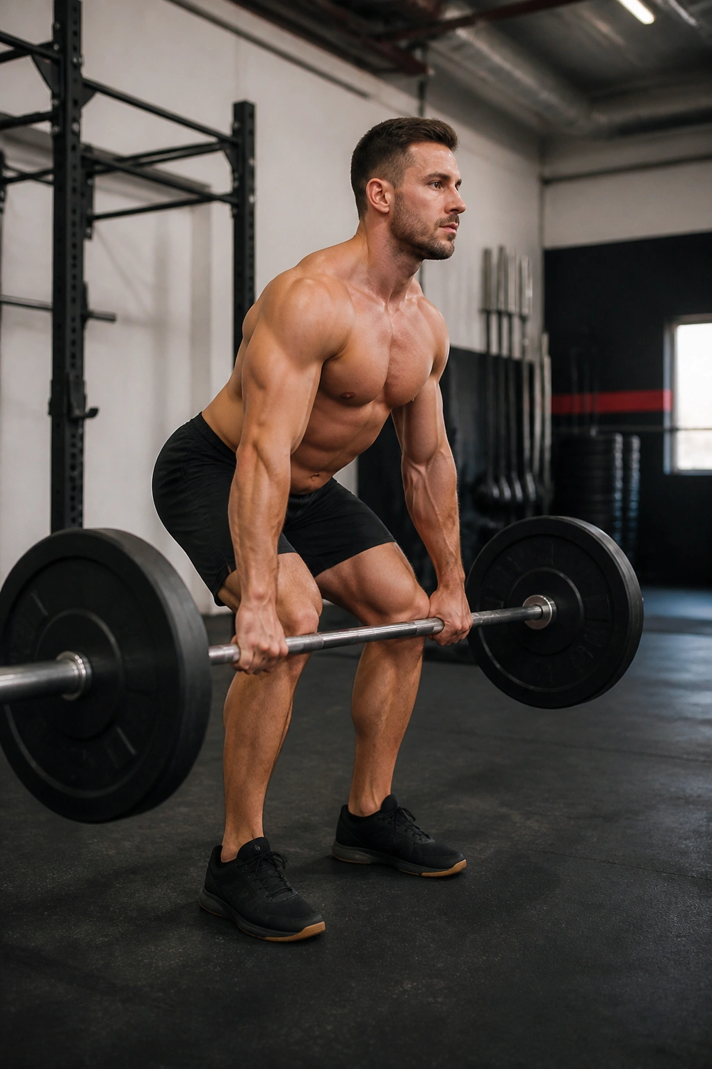 Real person performing a barbell complex in a gym