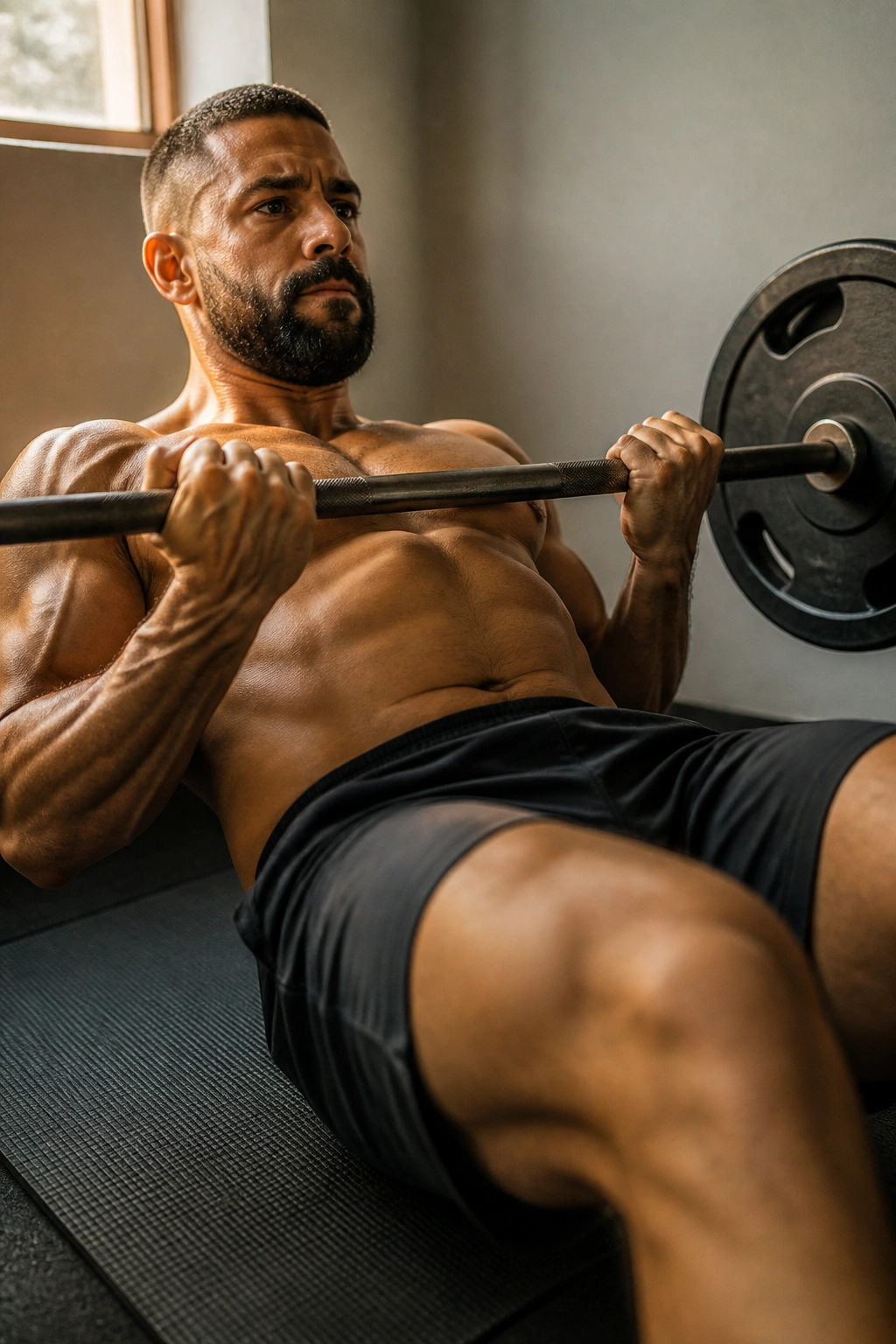 Close-up of hands gripping a barbell in a small gym corner during a minimalist barbell complex