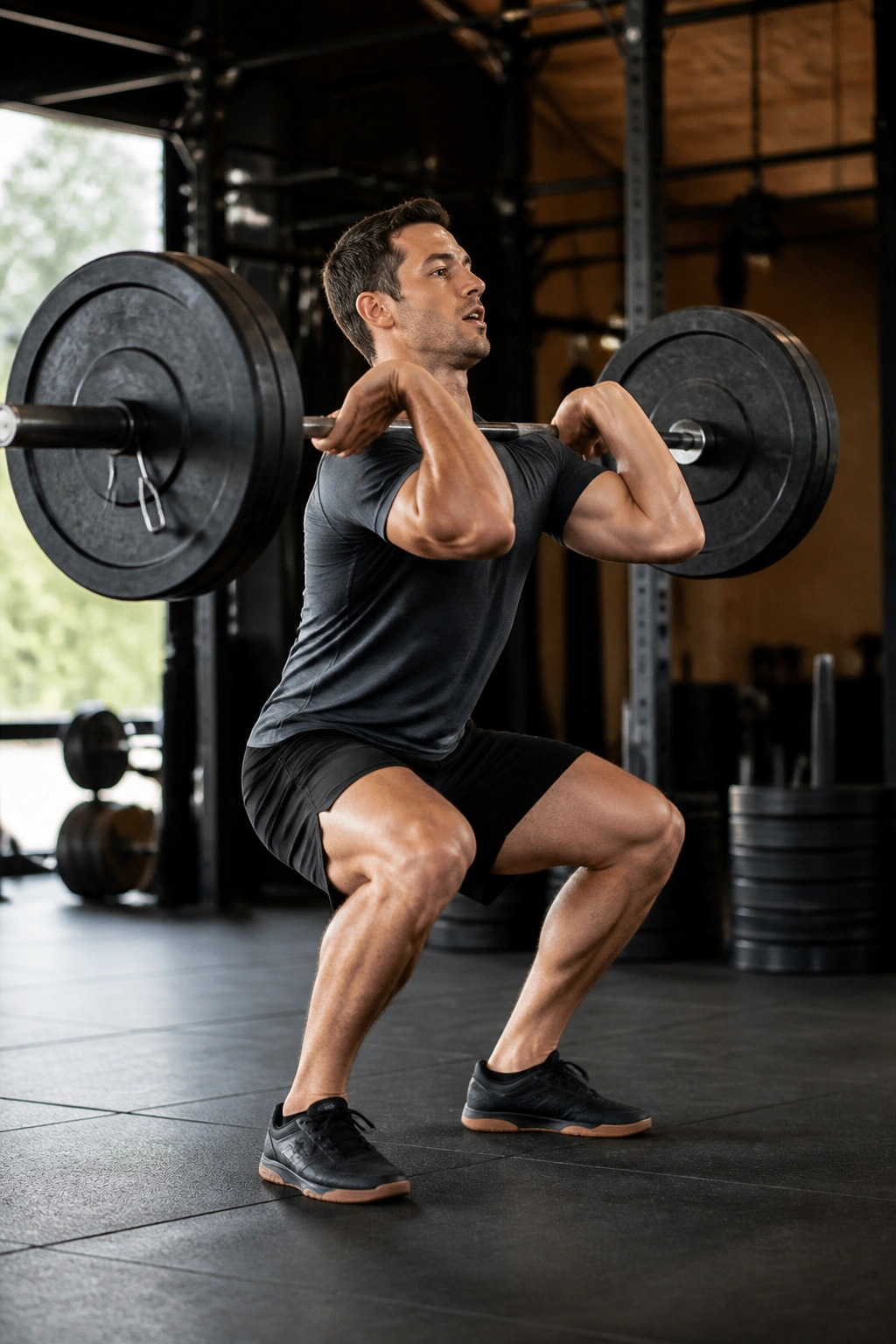 Athlete executing a barbell complex in a gym with multiple lifts