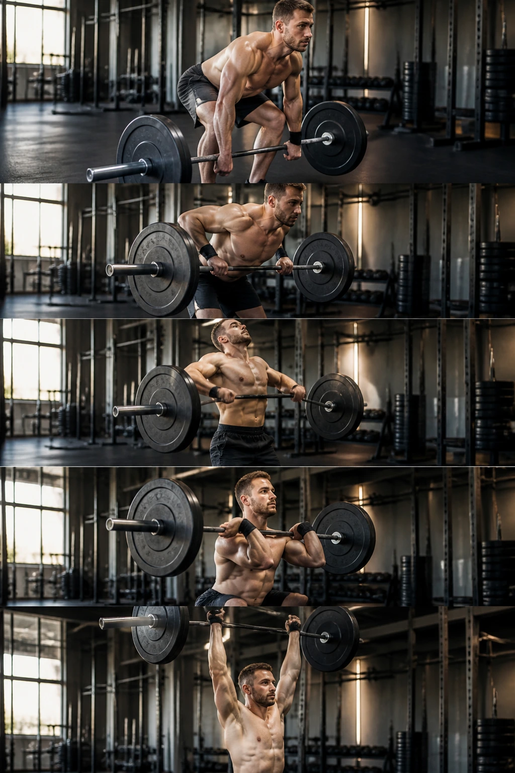 Lifter executing barbell complex in gym