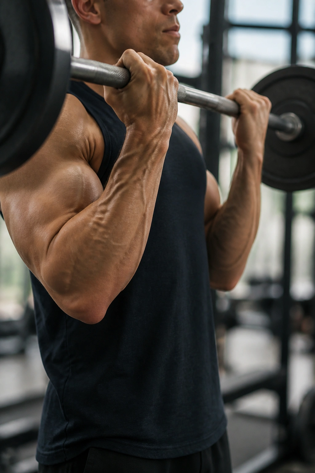 Forearms gripping barbell during barbell curl