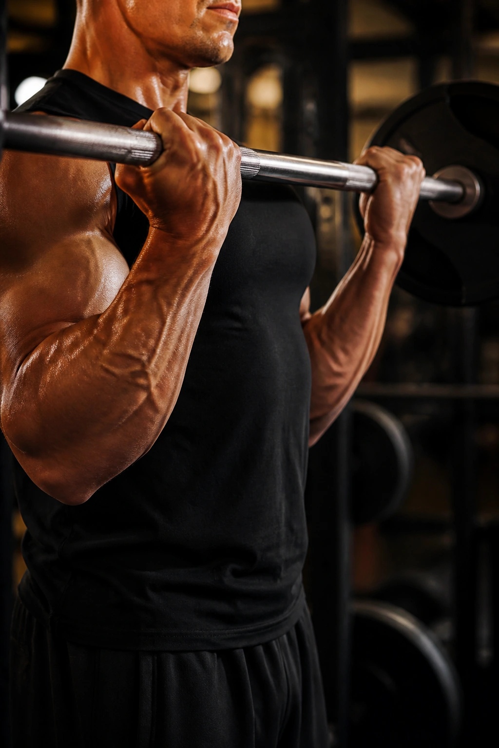 Close-up of a lifter performing barbell curls showing forearms and grip