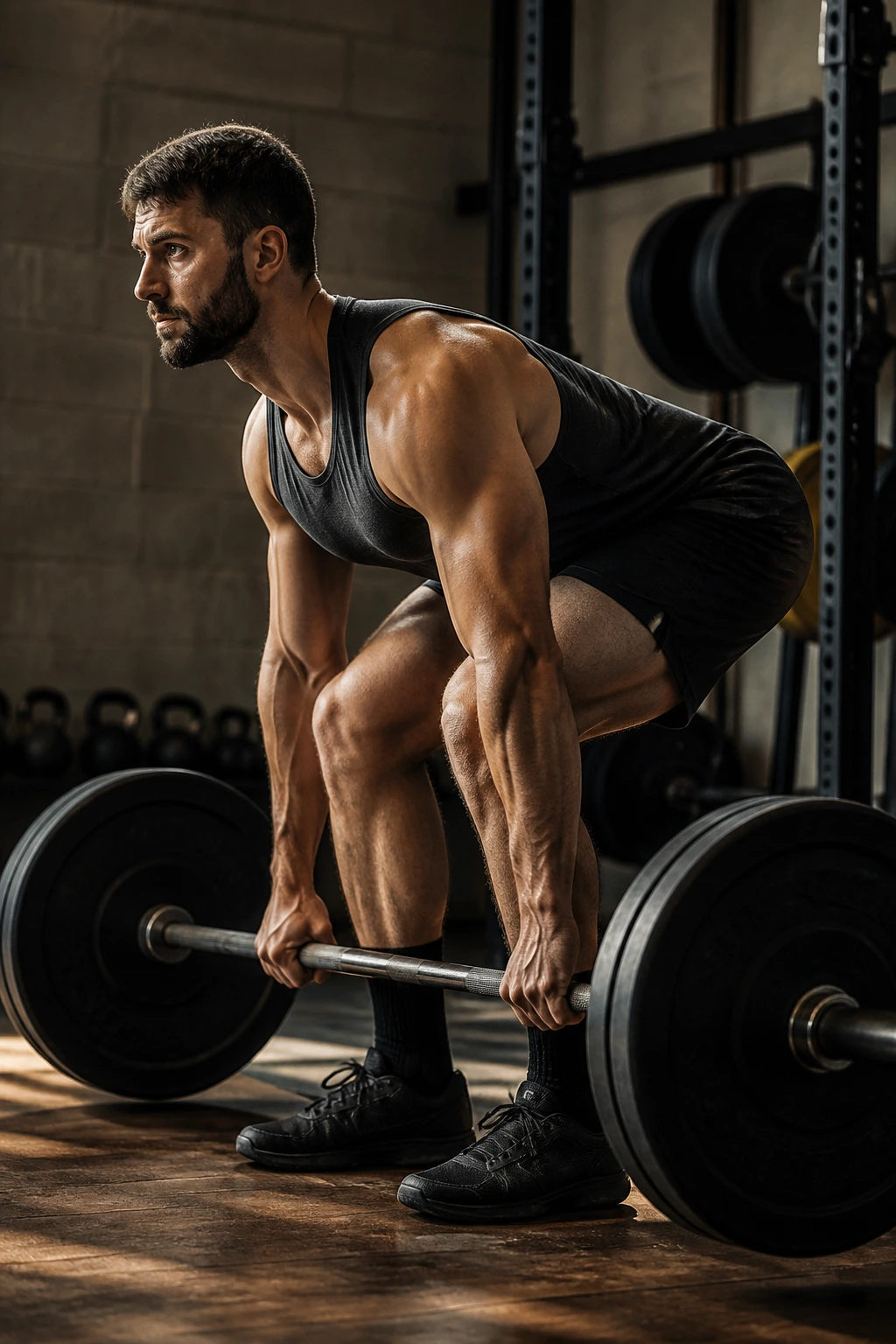 Medium close-up of lifter setting up a barbell deadlift.