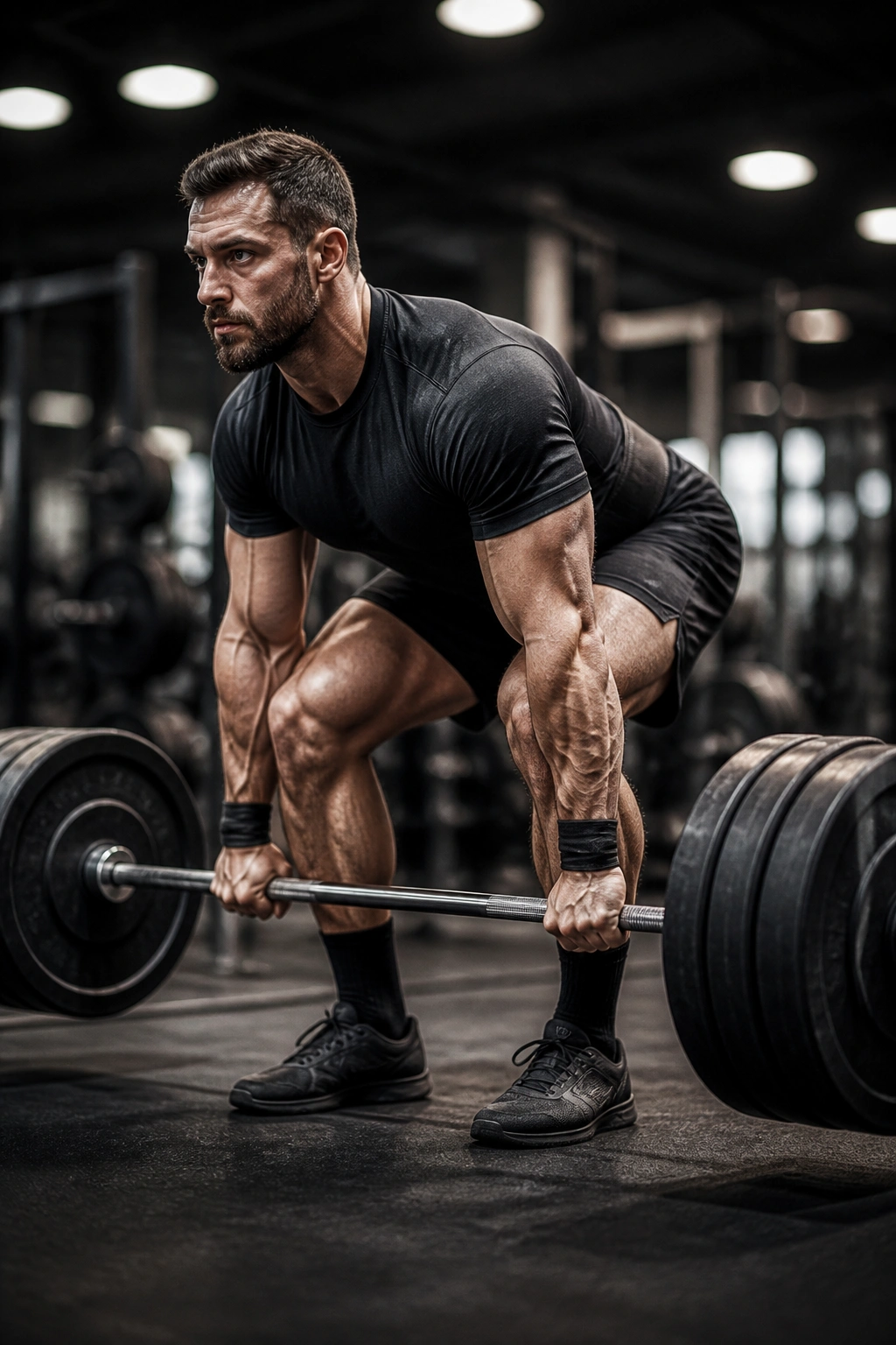Lifter performing a heavy barbell deadlift in the gym.